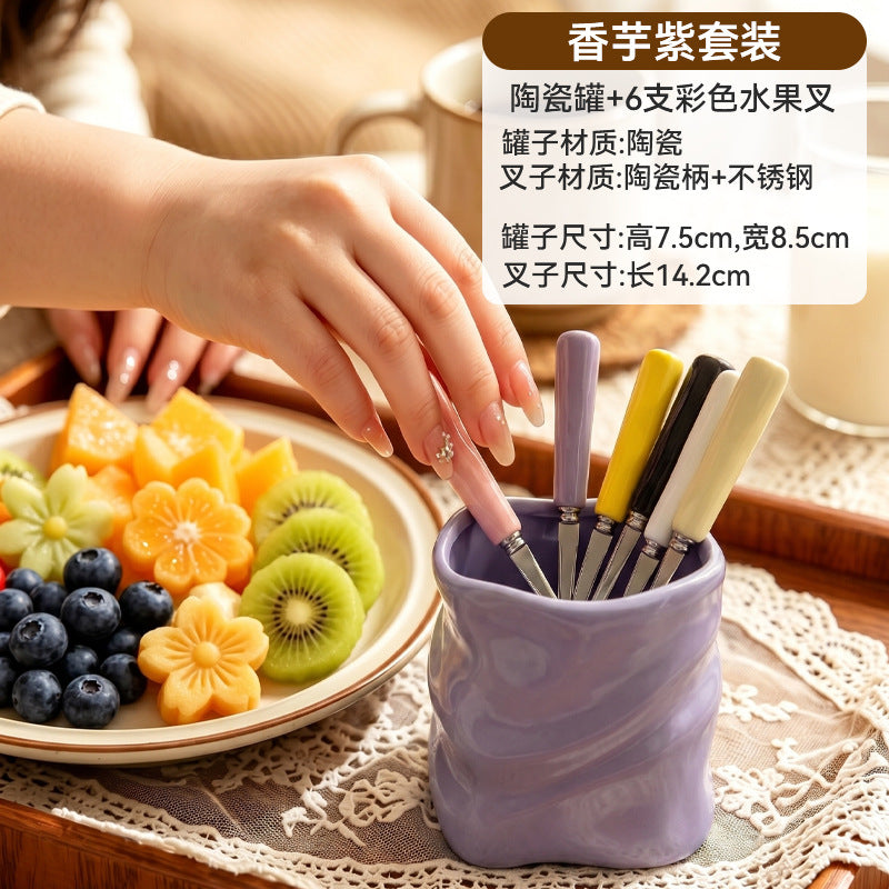 Premium 304 stainless steel portable fruit fork storage cup - creative, colorful, and wholesale ceramic cup holder