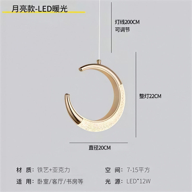 Luxury gold crystal crescent moon ring bedside pendant light - modern minimalist c-ring for bedroom, bar, entryway, and boutique hotel ambiance