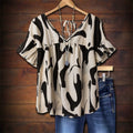 European and american casual women's blouse - abstract graffiti print, v-neck, ruffle sleeves, tie-back, loose fit pullover shirt