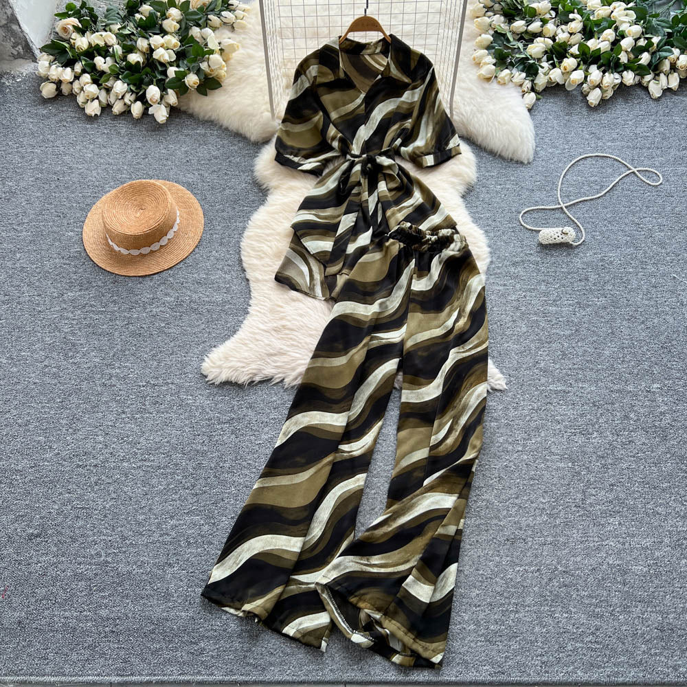 European style fashion print set - women's summer chic: tie-waist asymmetrical blouse & high-waisted wide-leg straight pants