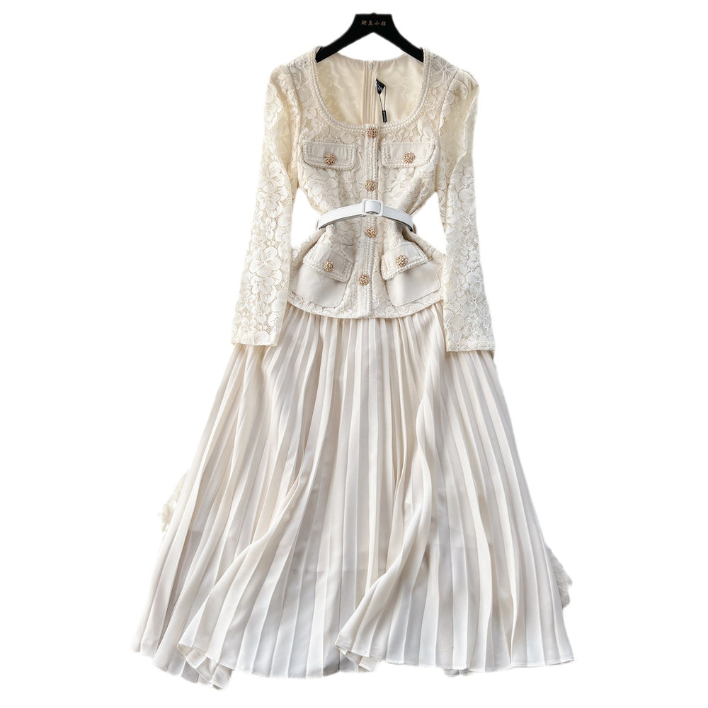 French chic dress - premium quality, heavily beaded, metal buckle, square neck, lace trim, pleated fairy dress