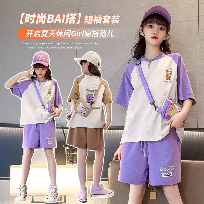 Girls' summer outfit set : new stylish and trendy summer clothes for kids, big girls' sporty summer short sleeve and shorts set