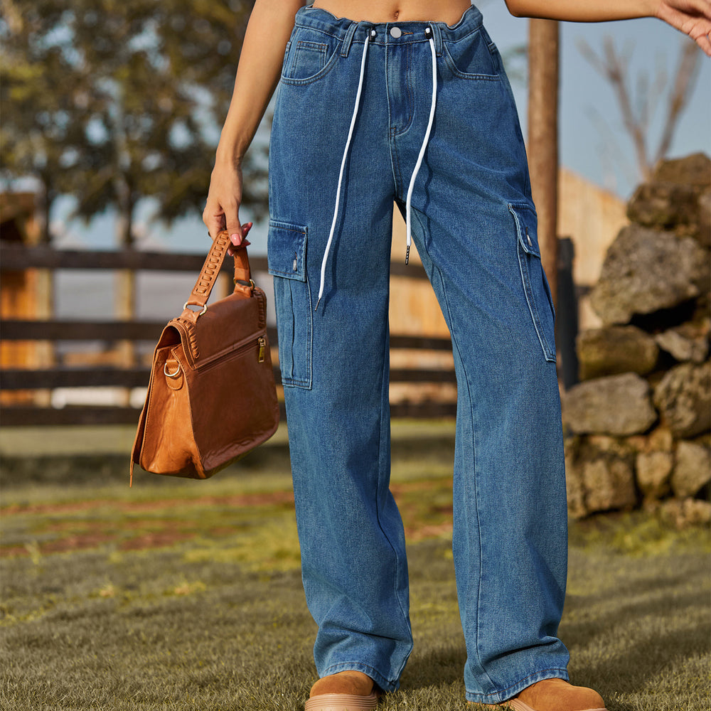 Fashion cross-border independent station  new arrival denim drawstring adjustable washed overalls pants casual pants for women
