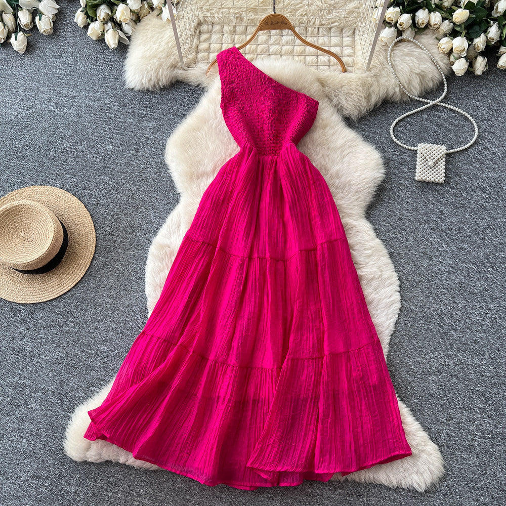 Accessible luxury socialite style sleeveless slanted shoulder silmdress women's summer pleated waist slimming look a-line skirtelegant dress
