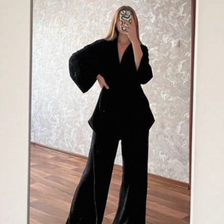 Cross-border new simple design set women's waist lace-up cardigan trousers  autumn leisure home two-piece set