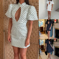 european and american export women's clothing: new summer fashion elegant stand collar hollow-out short sleeve polka dot waist-defining dress