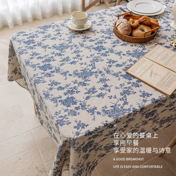 Cotton and linen Nordic style blue floral tablecloth dormitory rectangular cover retro pastoral dining table cloth photo background cloth