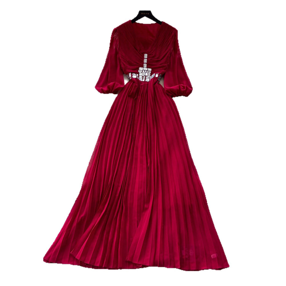 French chic red v-neck lantern sleeve dress - women's summer lightweight, breathable, slimming, elegant pleated maxi dress