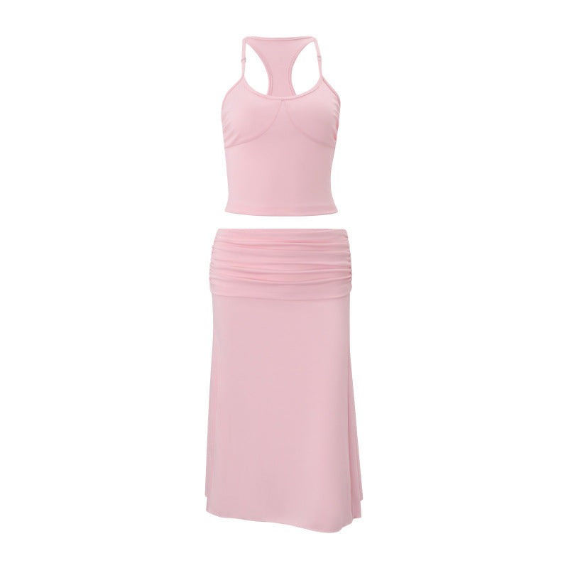 European and american style women's summer  new sexy solid color camisole inner layer top with slim-fit pleated midi skirt set