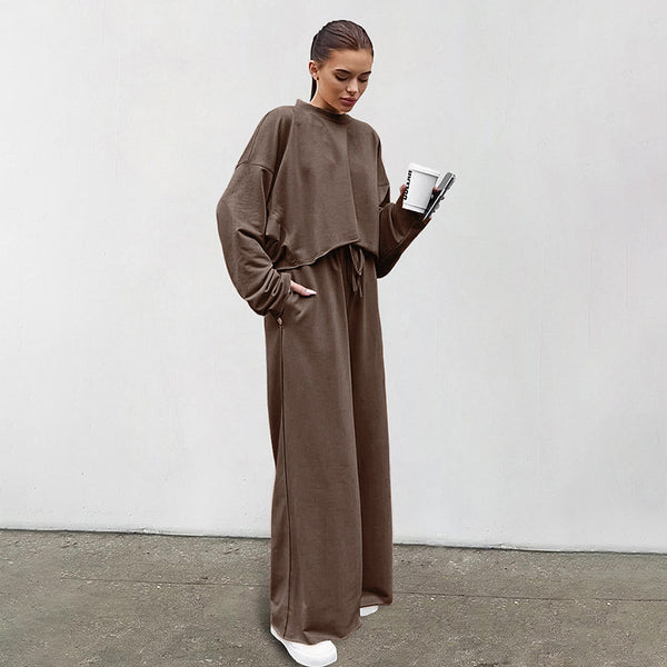 Vintage Maillard brown sweater set women's autumn and winter casual pullover top wide-leg pants two-piece set European and American women's clothing