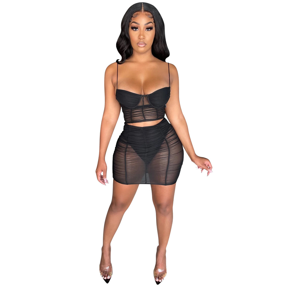 C5176 in-stock summer fashion sexy camisole solid color milk silk mesh see-through bodycon mini skirt two-piece set for women