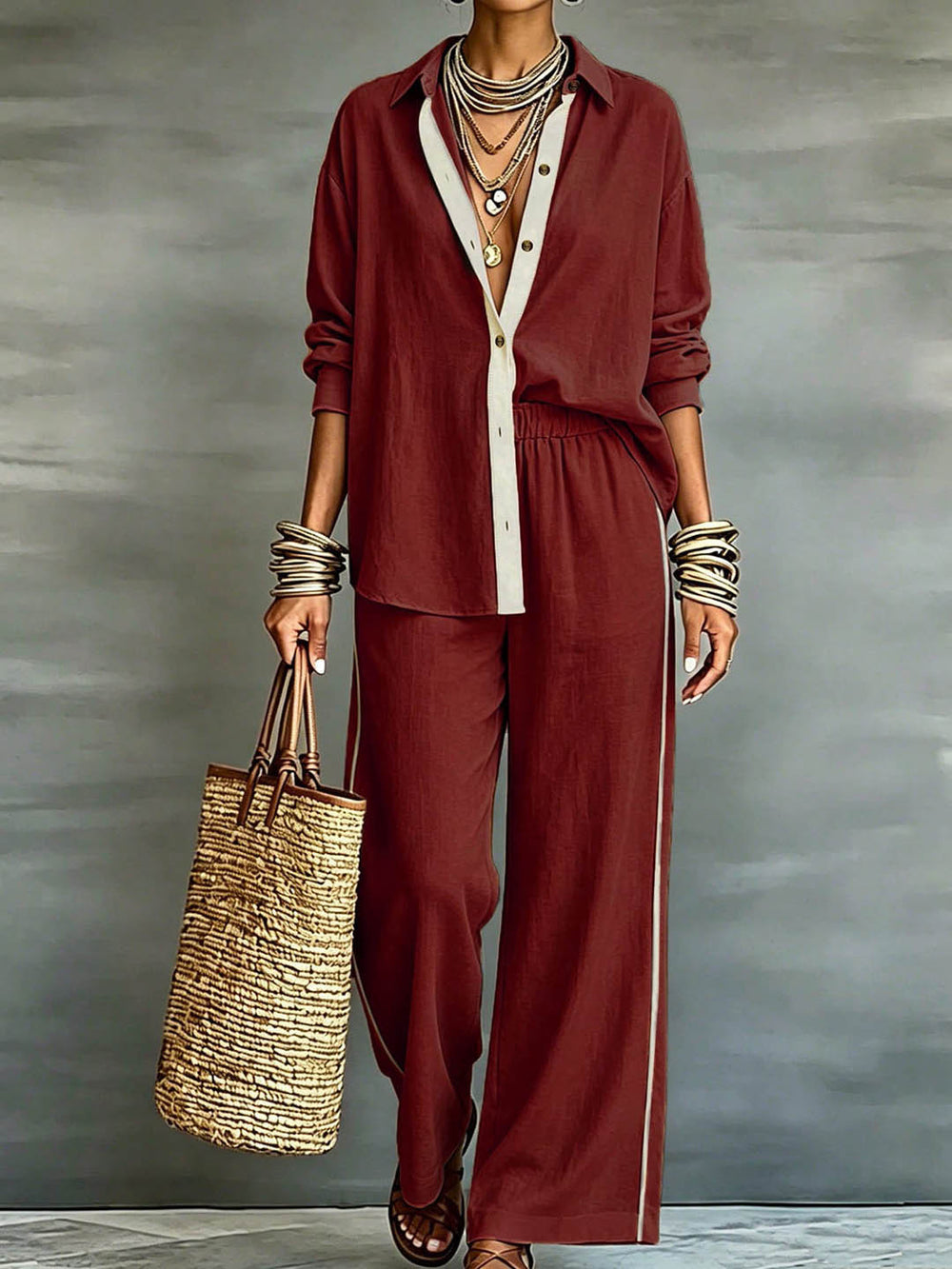 Exportplus size relaxation work clothing set retro gray linen shirt elastic waist side strips wide leg pants two-piece set