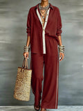 Exportplus size relaxation work clothing set retro gray linen shirt elastic waist side strips wide leg pants two-piece set
