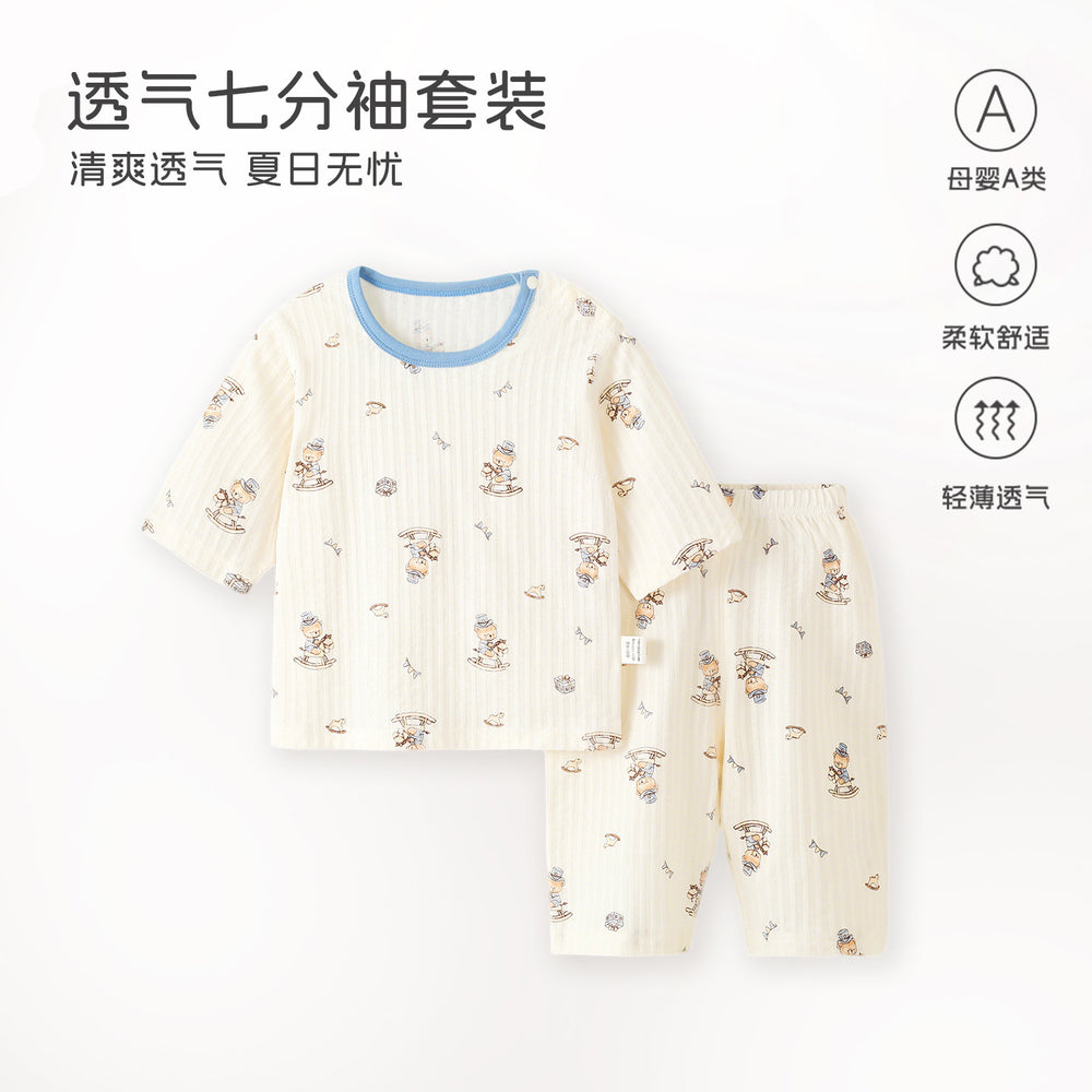 Baby pajamas pure cotton thin kids home clothes summer boys and girls three-quarter sleeve air-conditioning clothes separatessuit