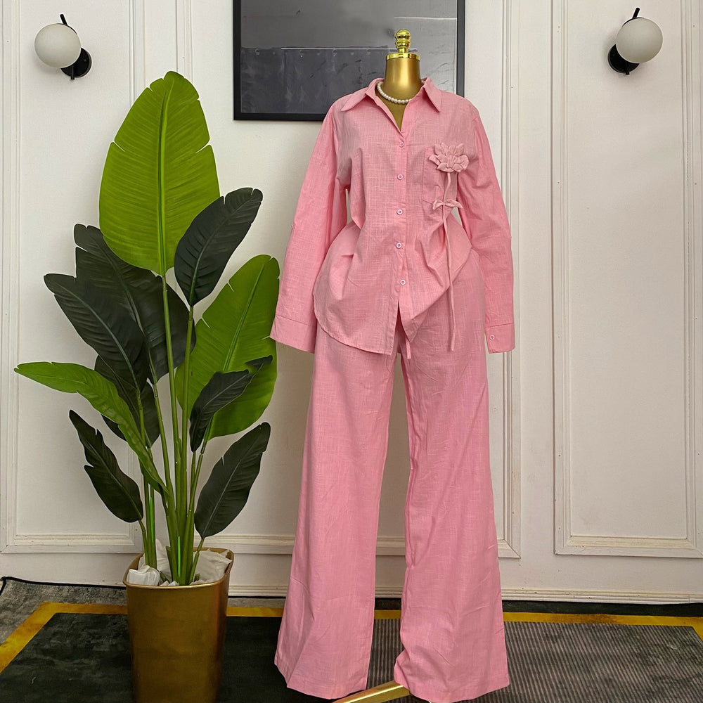 European and american cross-border women's fashion:  spring new collection - stylish, designer long-sleeve shirt and wide-leg pants casual set