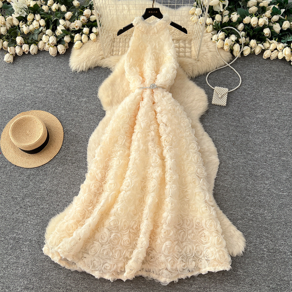 Frenchclassyfashionstereo flower halter sleeveless dress women's strappy waist slimming lookelegant large swing long skirt