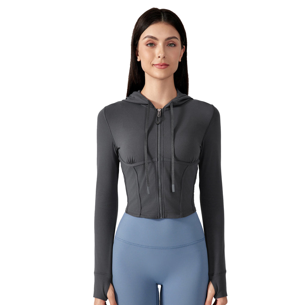 New women's outdoor sports & fitness apparel: slim-fit, short yoga jacket with hood and drawstring – daw184