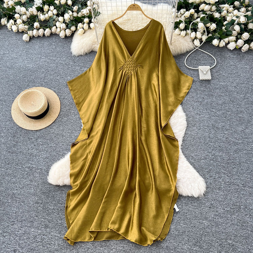 European and american fashion deep v-neck batwing sleeve dress - women's  summer loose fit, slimming, oversized, flattering, and long dress