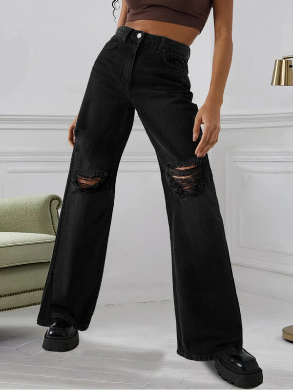 wish amazon European and American street hipster ripped open fork tall women straight jeans