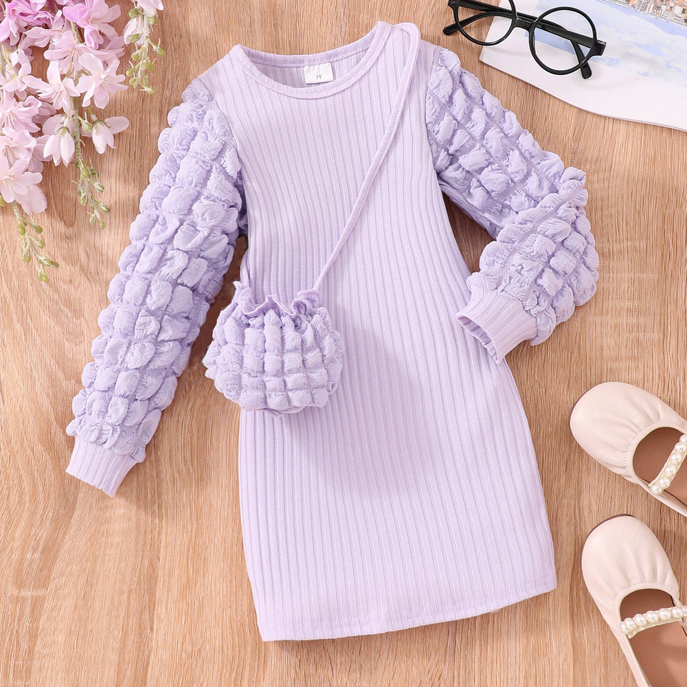 Popular autumn long-sleeve ribbed knit bubble sleeve dress with bag for toddlers and young children - cross-border exclusive