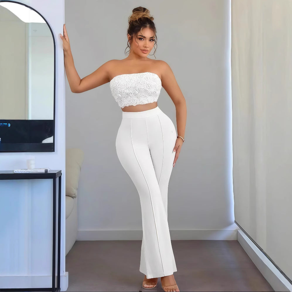 European and american cross-border women's fashion  summer new arrival: solid color exquisite small floral bandeau top and flared leggings two-piece set