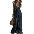 cross-border european and american women's clothing: new summer casual fashion v-neck sleeveless ruffle hem vintage maxi dress