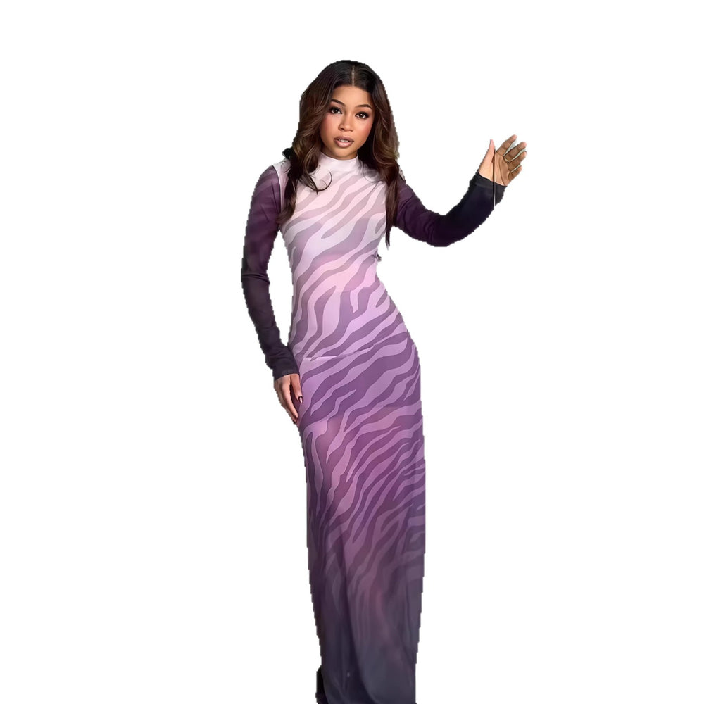 European and american cross-border chic women's clothing:  spring new arrival - long sleeve stand collar slim-fit printed sheer maxi dress