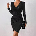Amazon  new arrival sexy v-neck long sleeve dress - criss-cross neck solid color sequin bodycon mini dress