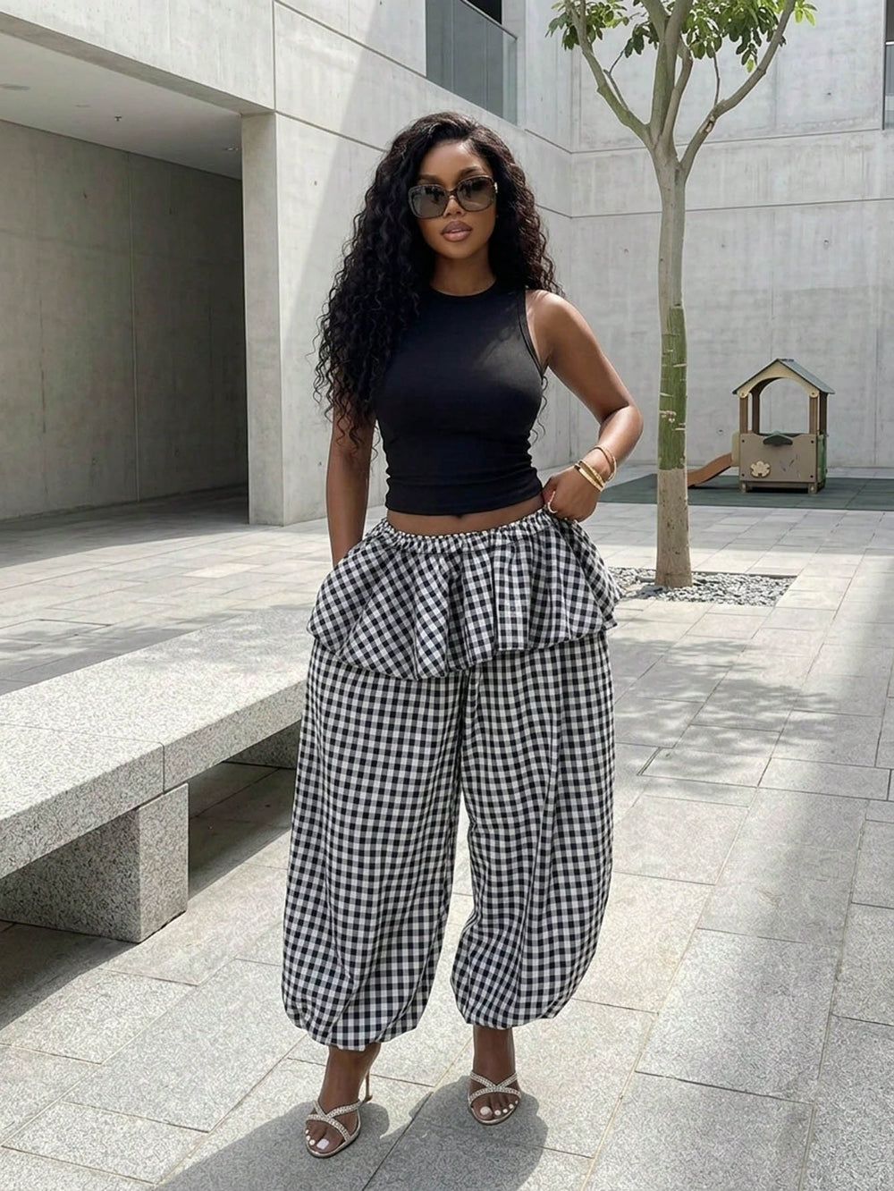 Amazon  spring/summer new fashion plaid high-waisted wide-leg joggers with elastic ankle cuffs