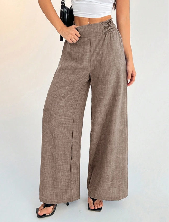 european and american cross-border  spring/summer new women's solid color shirred patchwork high-waisted slimming wide-leg pants