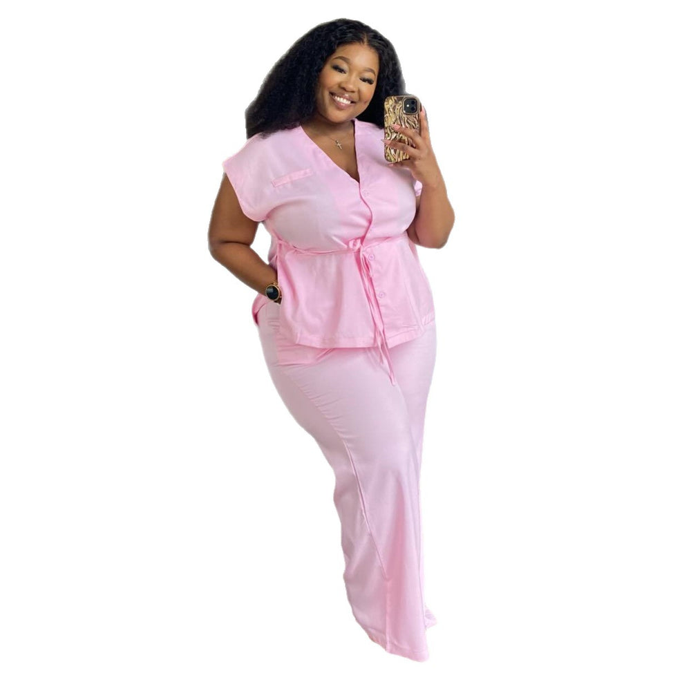 European and american cross-border african women's clothing  summer new arrival: elegant v-neck short-sleeve tie-up blouse and high-waisted pants set
