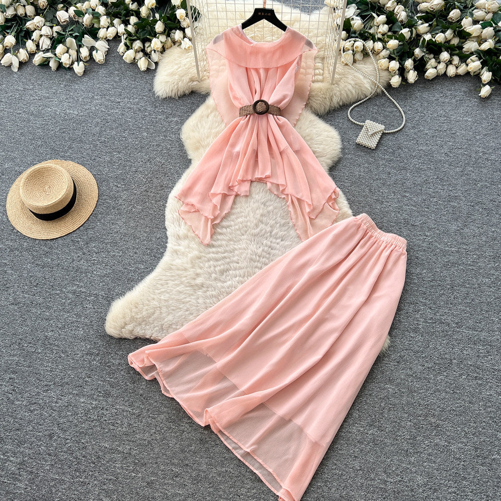 French chic halter top & high-waisted midi skirt set - women's work-ready, breathable mesh summer two-piece