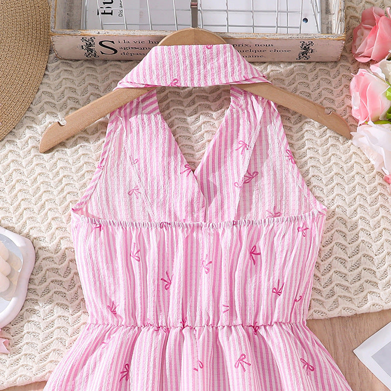Girls' summer dress: new fashion halter neck sleeveless sweet bow striped european and american casual shirt dress