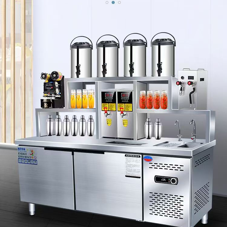 Commercial water bar & milk tea station - stainless steel refrigerated workstation - all-in-one cabinet - customizable coffee shop bar set