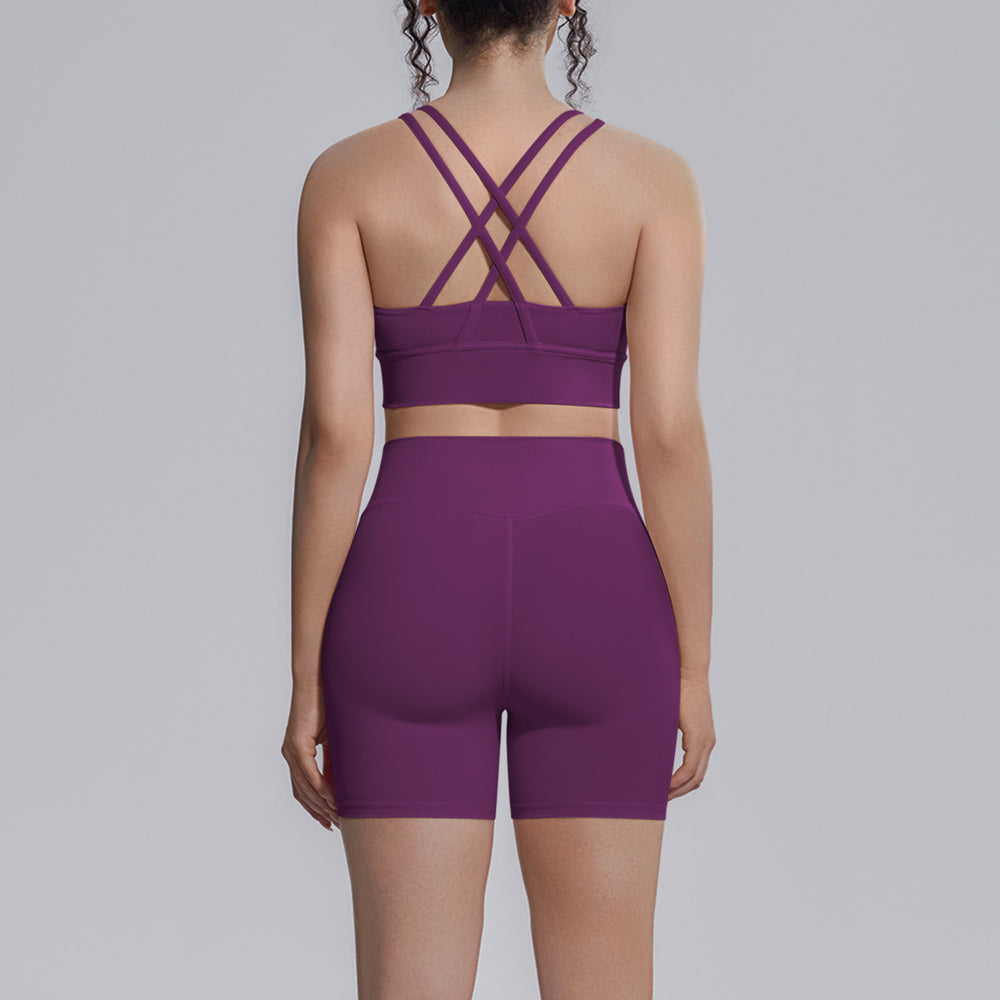 New arrival cross-border double-sided brocade back cross tight-fitting breathable yoga suit sports running fitness two-piece set for women