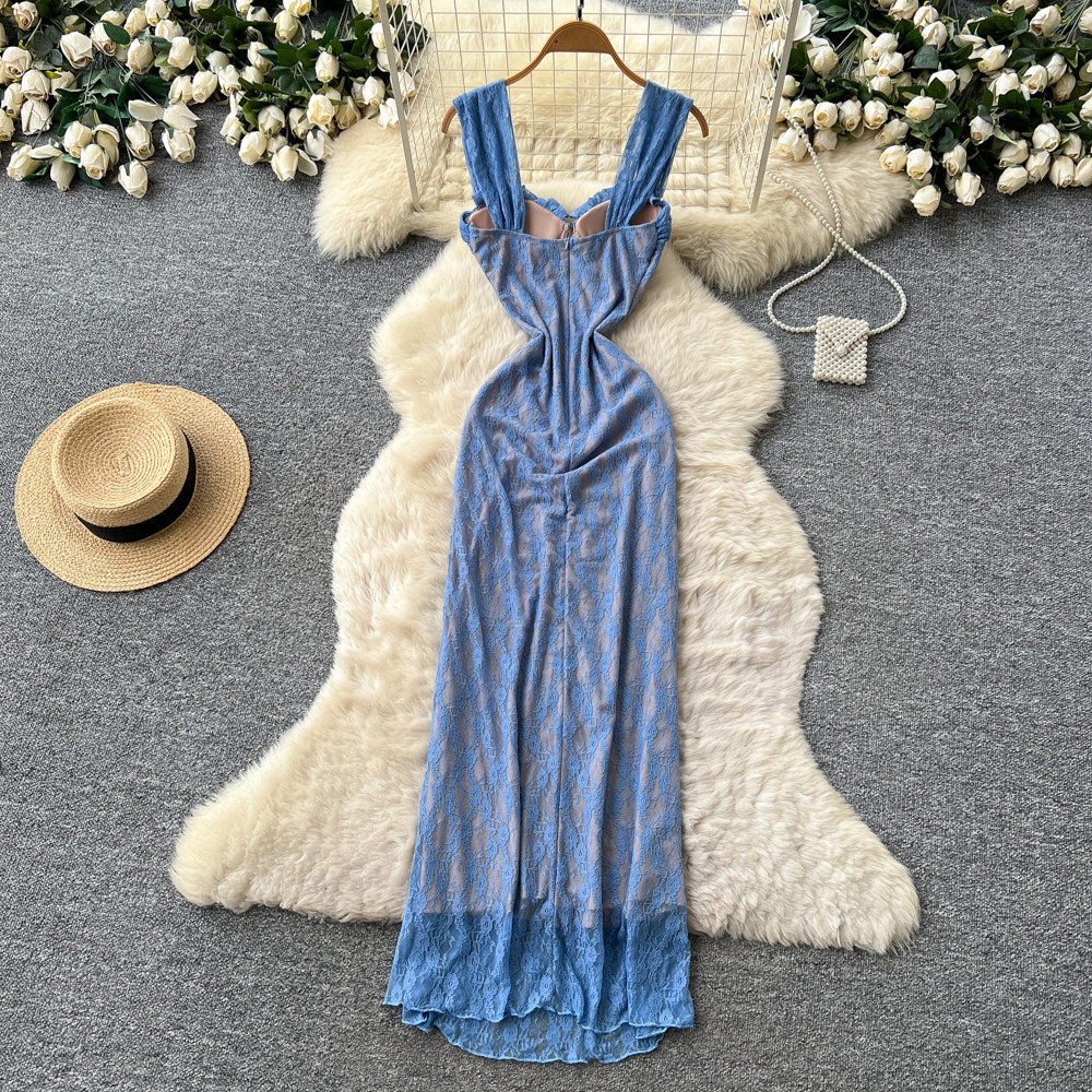 Pure desire style blue lace suspender dress women's summer silmsexy backless mermaid long dress vacation style dress
