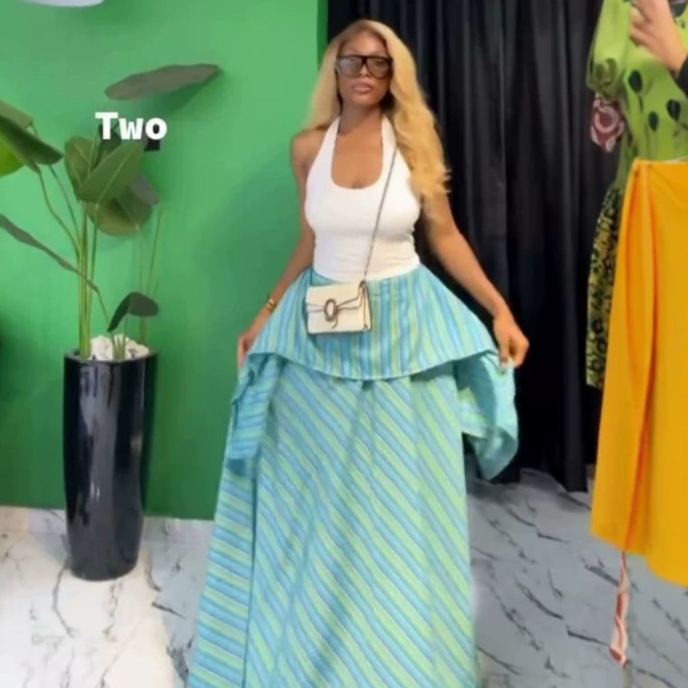 European and american cross-border women's fashion:  summer new arrivals - high-waisted, slimming, striped, asymmetrical a-line maxi skirt