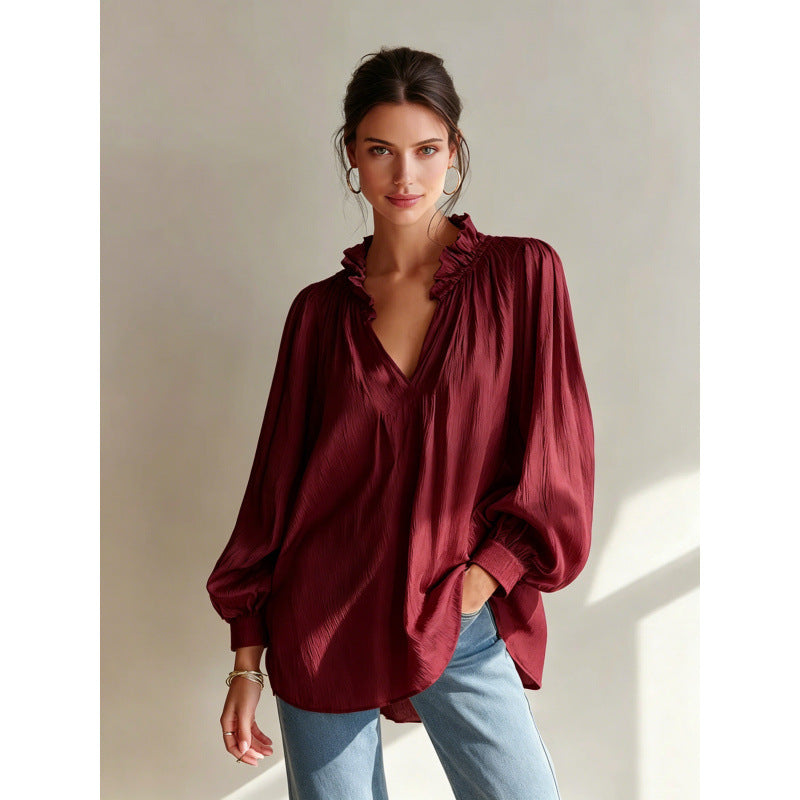 european and american cross-border women's fashion new arrival: v-neck ruffle trim solid color long sleeve versatile blouse