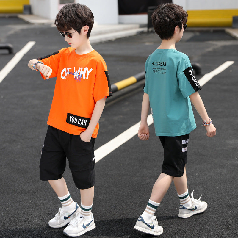 Boys' summer outfit: lightweight short-sleeve sports set - breathable two-piece casual set for older boys - trendy brand