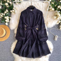 French court style lace embroidered hollow-out dress - women's spring long sleeve turn-down collar tie-waist a-line slimming dress
