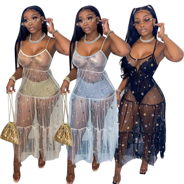 YD8503-B1 special products are non-refundable and non-exchangeable. European and American women's clothing suspender sequined mesh pendulum dress.