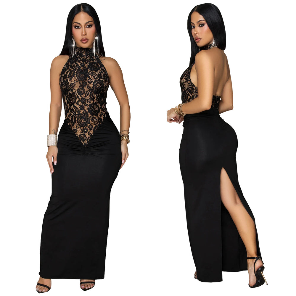 C7488 cross-border   fashion women's sexy halter lace sleeveless slit dress
