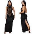 C7488 cross-border   fashion women's sexy halter lace sleeveless slit dress