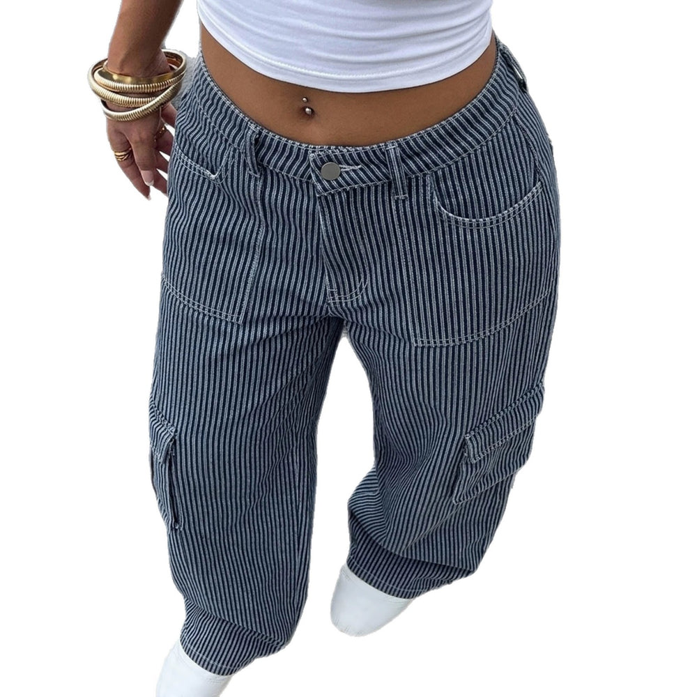 Fashionjeans women's vertical stripesworkwear wide-leg jeans cross-border multi-flap pocket pants high waistloosemop women's pants