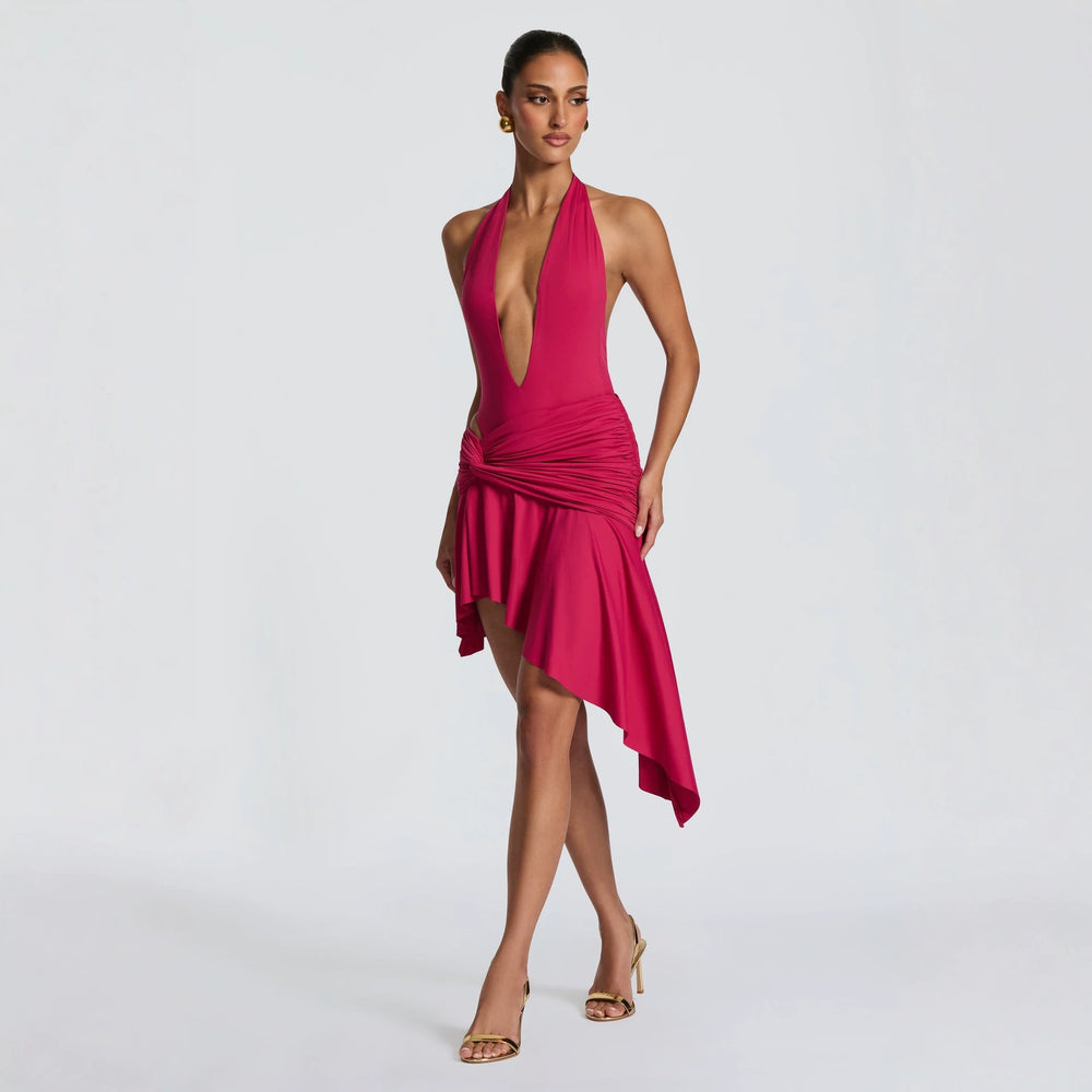 European and american style women's summer  new collection: halter neck deep v sexy backless top with asymmetrical pleated midi skirt set