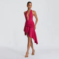 European and american style women's summer  new collection: halter neck deep v sexy backless top with asymmetrical pleated midi skirt set