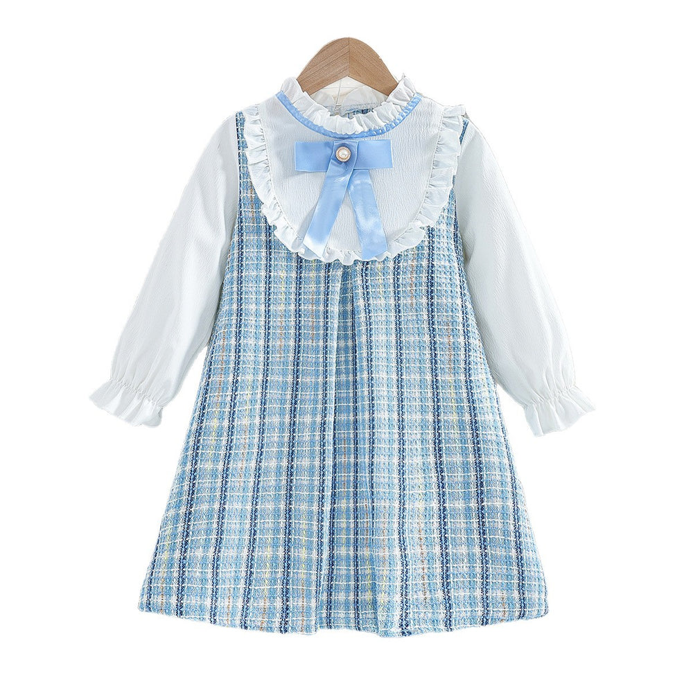 girldress sky blue pink grids pattern small fragrant lace shirt skirt french style children's skirt