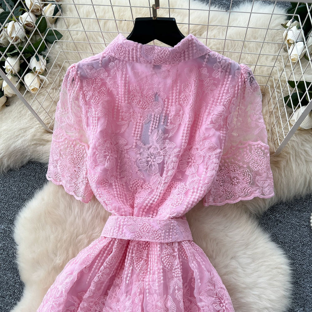 French chic socialite beaded pocket short sleeve dress - women's cinched waist elegant crochet embroidery mesh maxi dress