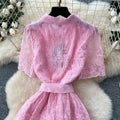 French chic socialite beaded pocket short sleeve dress - women's cinched waist elegant crochet embroidery mesh maxi dress