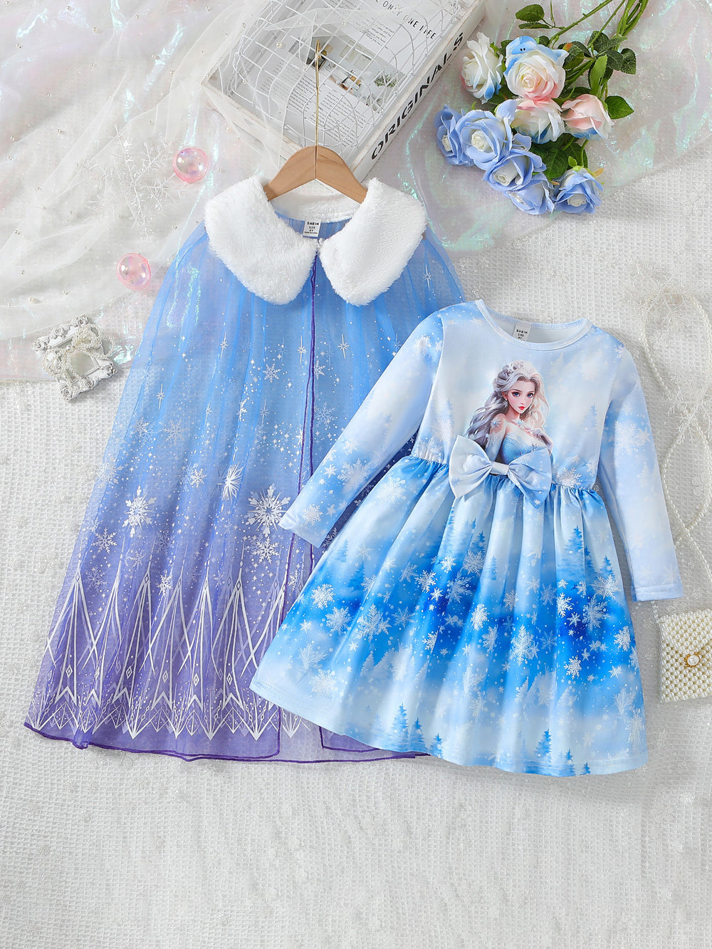 European and american cross-border autumn/winter holiday collection: snow princess tulle cape + dress two-piece set